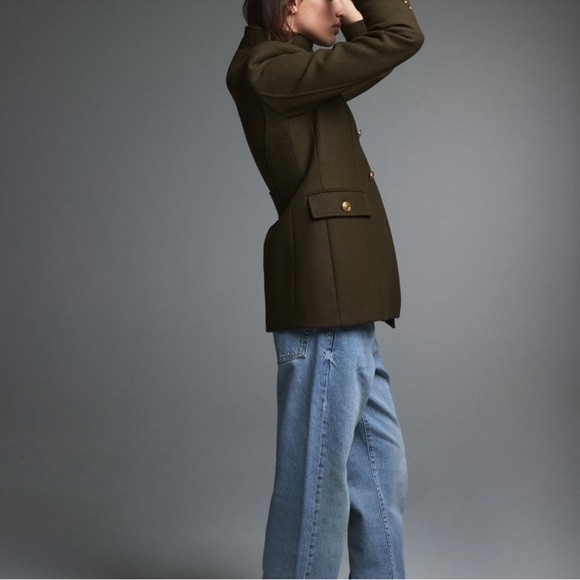ZARA Dark Olive Pea Coat with Gold Buttons - Picture 3 of 13